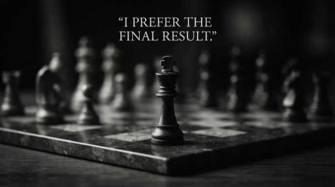 Black chess king standing alone on a dramatic minimalist chessboard.