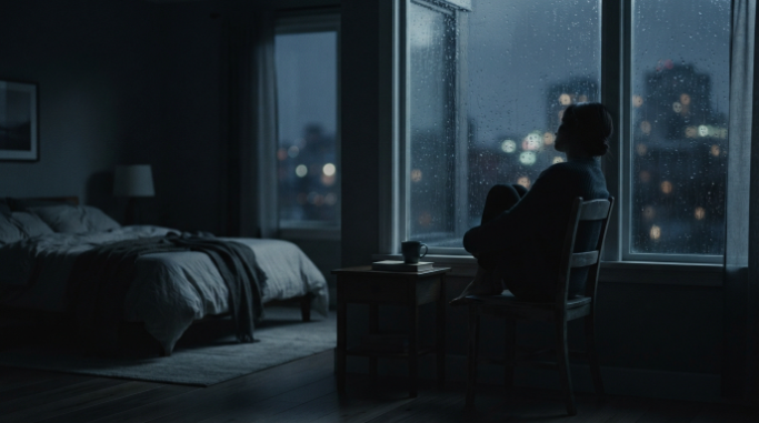 A lonely silhouette sitting beside a rainy window at night.