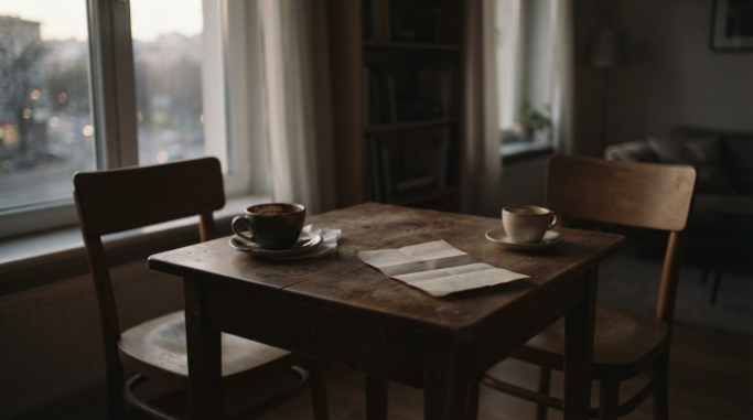 Two abandoned cups and a folded letter on a quiet table.