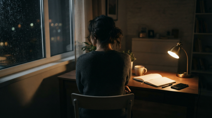A person sitting quietly at a desk beside a rainy window.