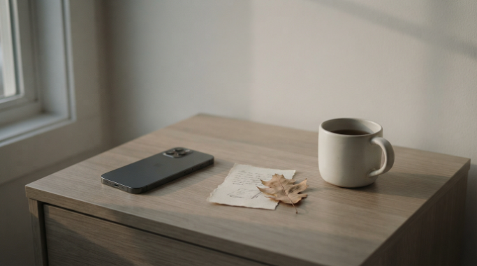 A phone and handwritten note resting quietly on a bedside table.