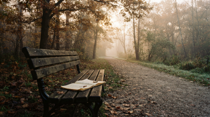 An empty park bench with a notebook page on a misty morning.