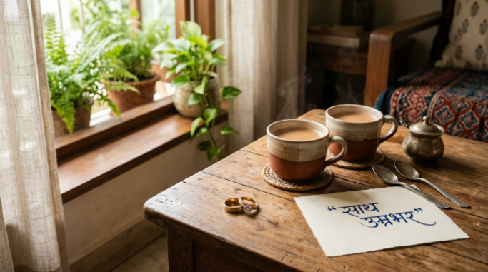 Two wedding rings and tea cups representing lifelong companionship.