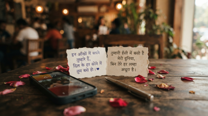 Handwritten romantic note beside a smartphone on a softly lit café table.