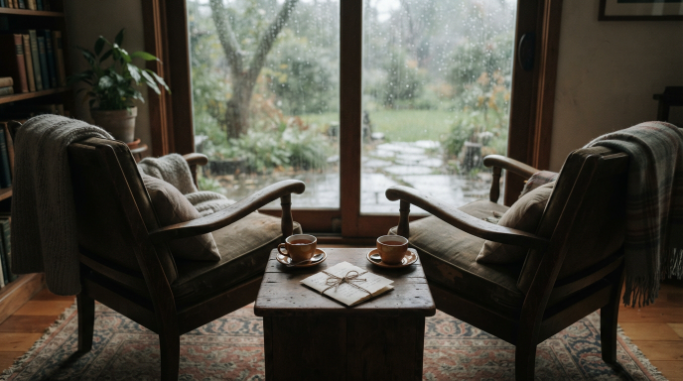 Two chairs beside a rainy window with tea cups and a handwritten love note.
