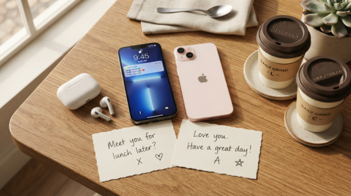 Two phones, coffee cups and handwritten notes arranged as a romantic lifestyle scene.