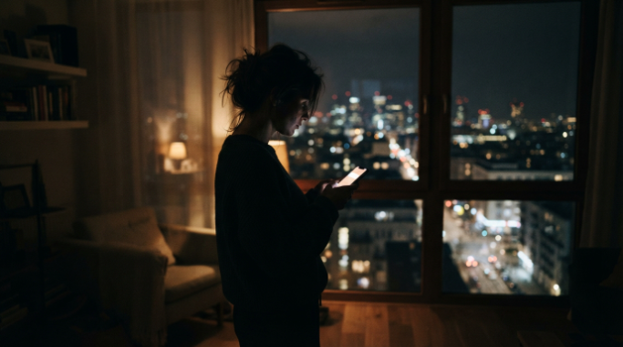Silhouette near a window holding a phone against soft city lights at night.