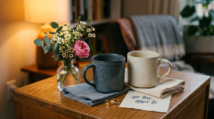 Wedding rings and a handwritten note expressing affection between partners.