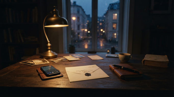 Unopened letter and phone on a desk during a quiet late night.