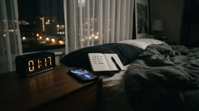 Phone, notebook and digital clock beside a bed late at night.