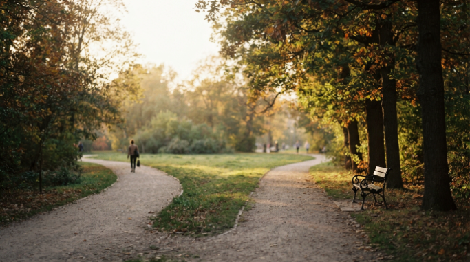 Two separate paths and an empty bench in a quiet park at golden hour.