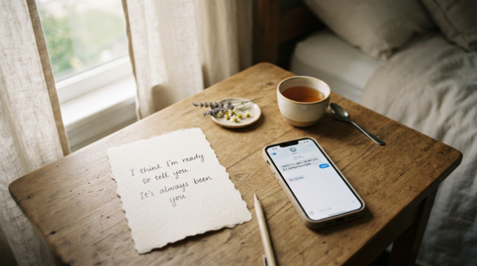 Handwritten romantic note beside an unsent message on a smartphone.