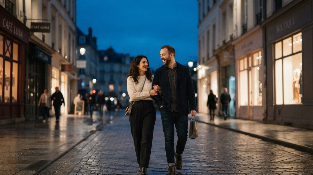 Married couple walking together through a softly lit city street.