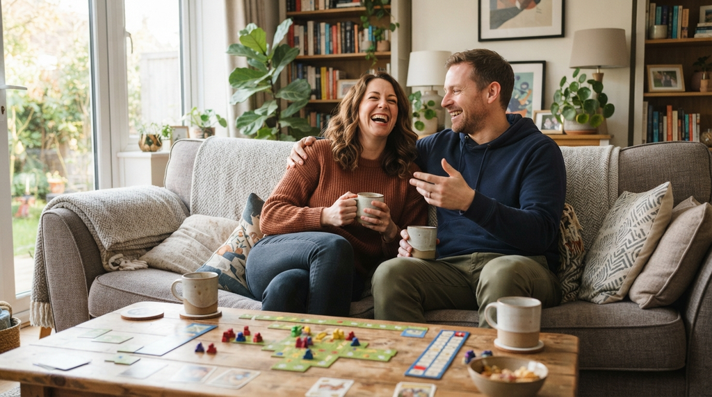 Married couple laughing together during a relaxed evening at home.