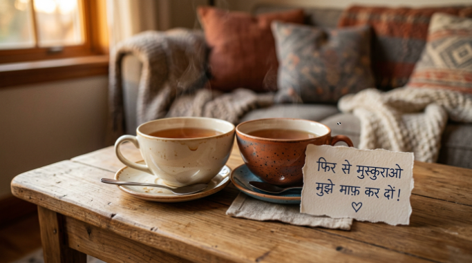 Two cups of tea beside an apology note symbolizing reconciliation.