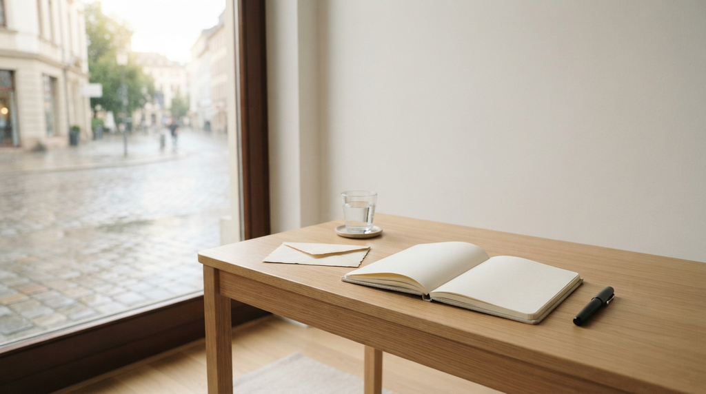 Open journal and letter on a quiet desk after rain.