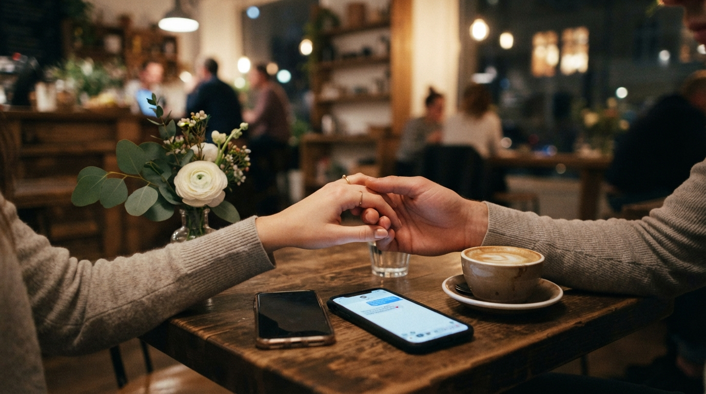 Two people sharing a quiet romantic moment over coffee.