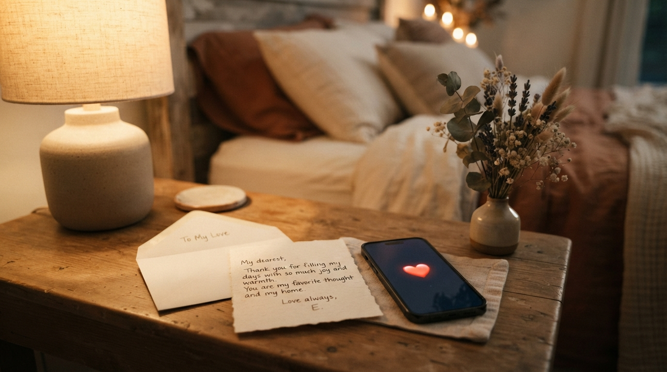 A handwritten love note beside a phone in warm evening light.