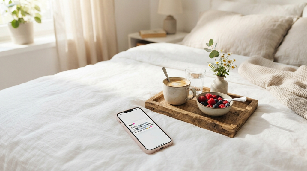 A sunny morning scene with a phone showing a sweet message.