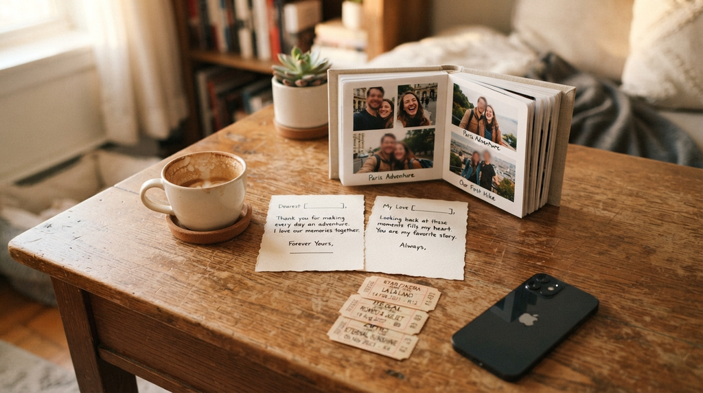 Personal keepsakes and handwritten notes arranged on a cozy desk.