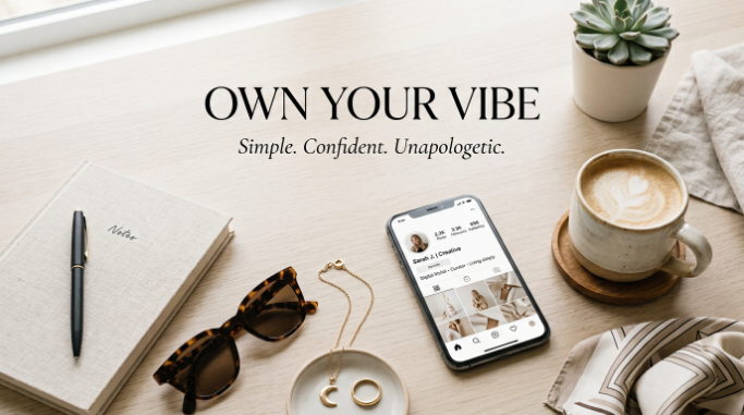 A smartphone and stylish everyday accessories are arranged beside a confident social media quote.