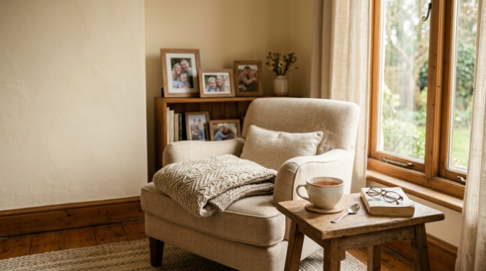 A peaceful home corner filled with warm memories and a sense of maternal comfort.