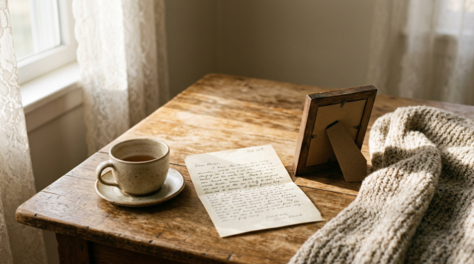 A handwritten letter and keepsakes arranged in a warm, nostalgic home setting.