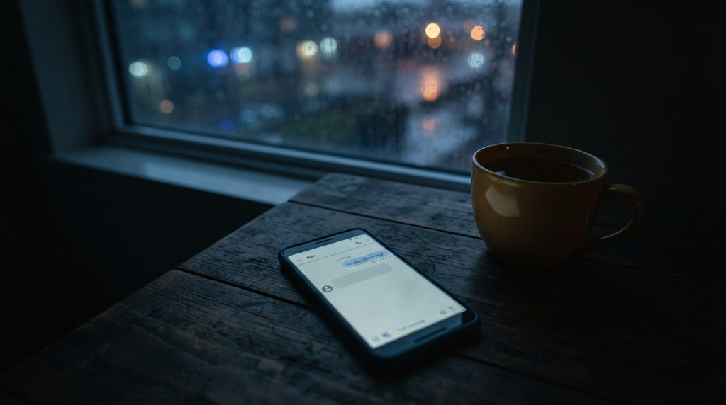 Unanswered message on a phone beside tea on a rainy night.