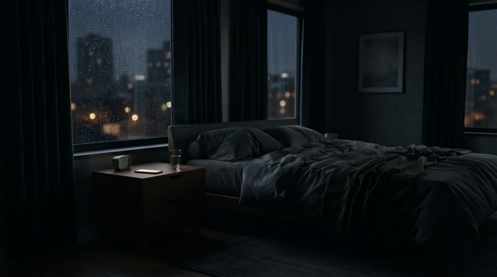 Phone glowing beside a bed on a rainy night.
