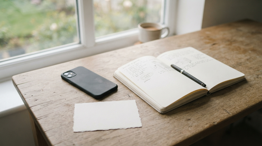 Smartphone and blank quote card on a quiet desk.
