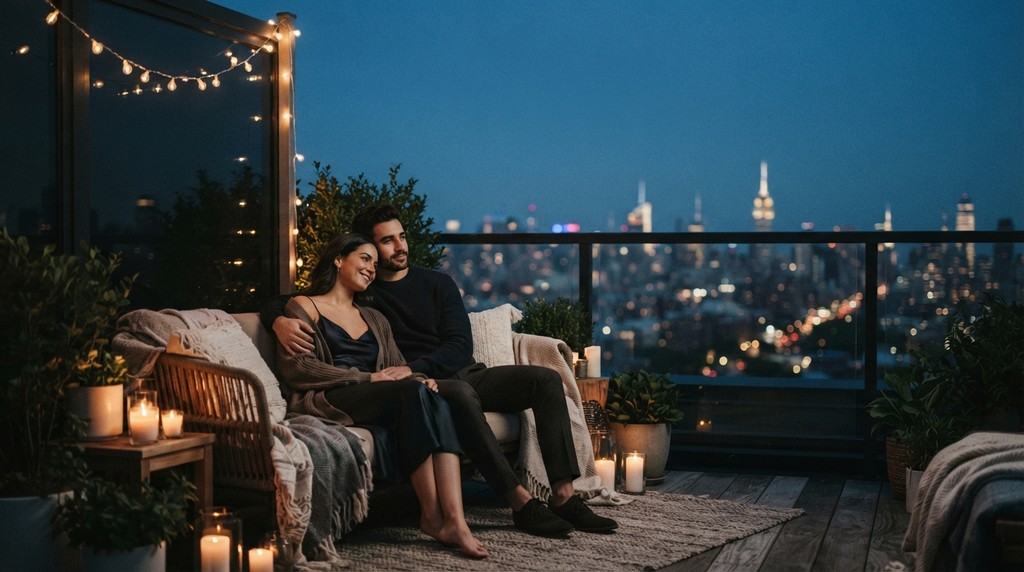 Couple sharing a quiet romantic moment on a rooftop at dusk.