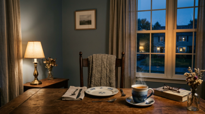 An empty chair and warm dining setting evoke memories of home and a loved mother.