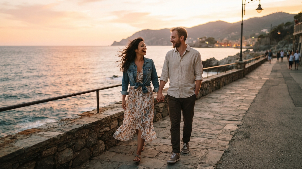 Couple walking hand in hand beside the sea at sunset.