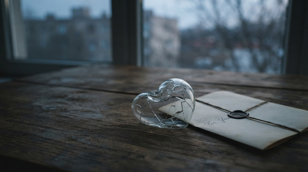 Cracked glass heart beside an unopened letter in soft evening light.