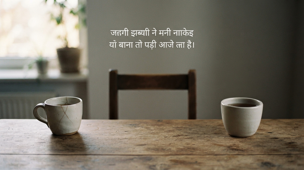 Two separated cups and an empty chair representing emotional distance.