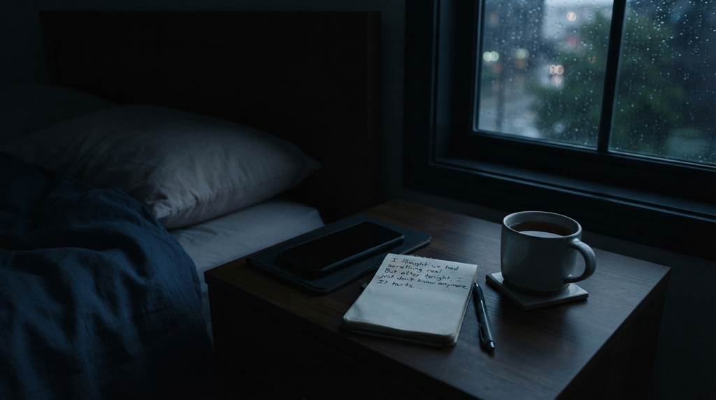 Phone, unfinished note and untouched tea beside a rainy window.