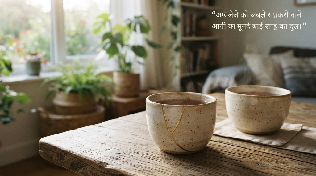 Repaired ceramic cup beside tea in warm morning light.
