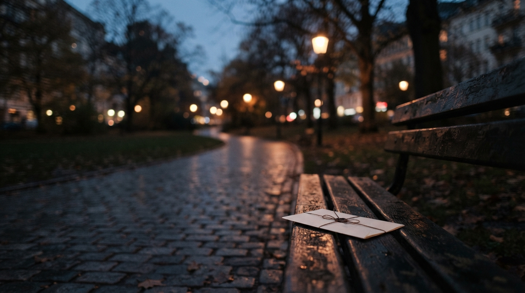 Folded letter on a bench beside a quiet evening path.