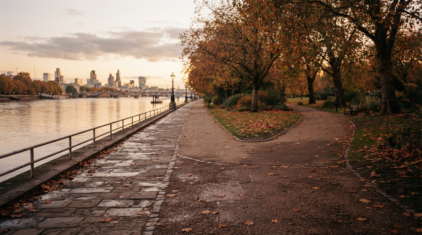 Two paths separating beside a quiet riverside walkway at evening.