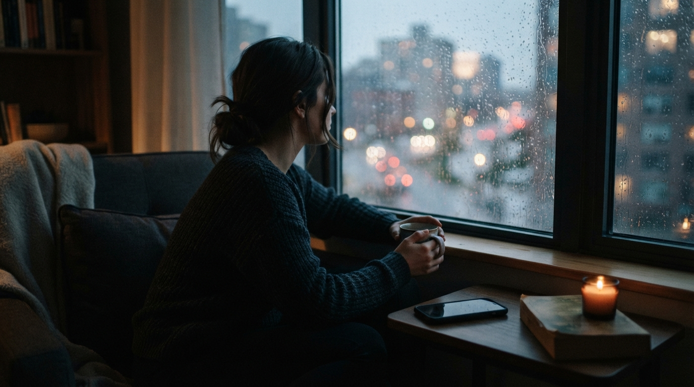 A lonely person sits beside a rain-covered window with an untouched phone nearby.