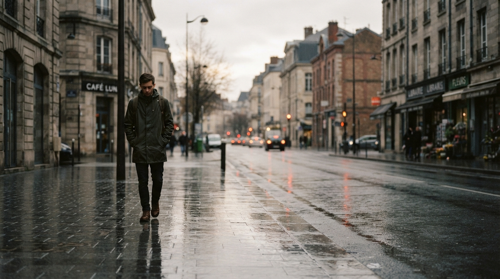 A person walks alone along a quiet rain-soaked street under an overcast sky.