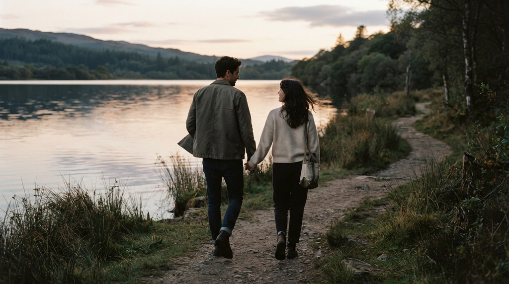 Couple walking beside a calm lake during a peaceful evening.
