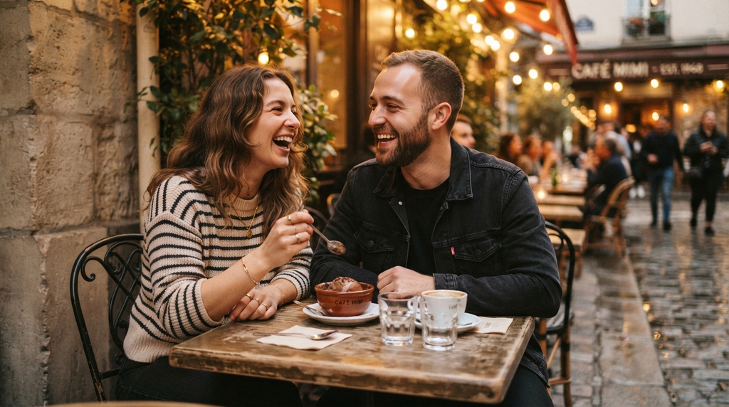 Couple laughing together at an outdoor café during the evening.