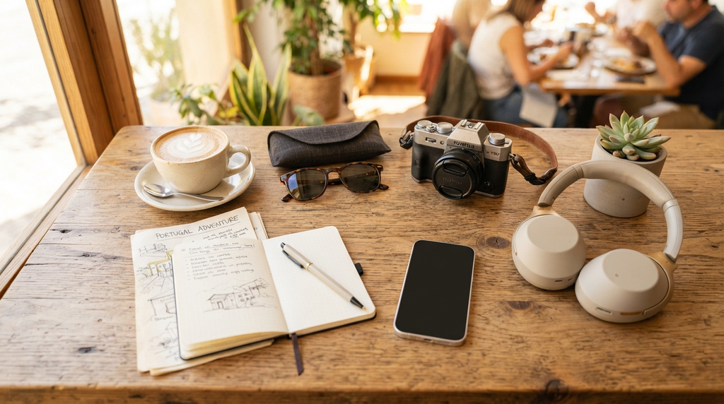 Lifestyle items arranged on a sunny café table for a relaxed day.