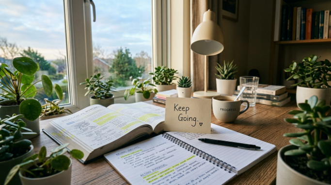 Study desk with books, notes, and a handwritten Keep Going message.