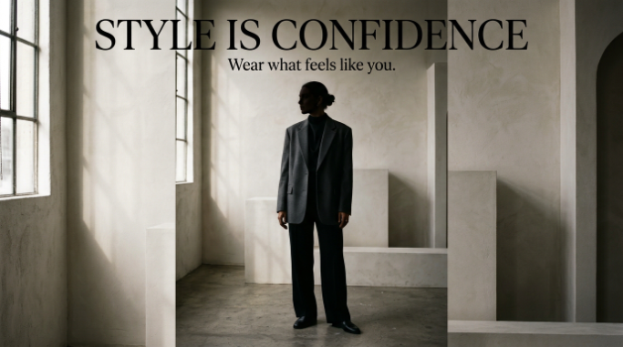 A stylish female silhouette poses in a minimalist studio beside a fashion and confidence quote.