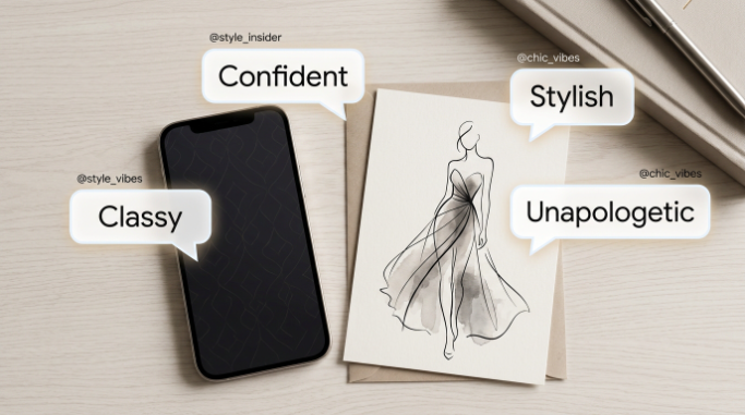 A smartphone and stylish quote cards illustrate positive comments for a girl’s photo.