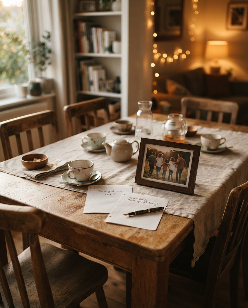 A warm dining table prepared for a meaningful gathering with loved ones.