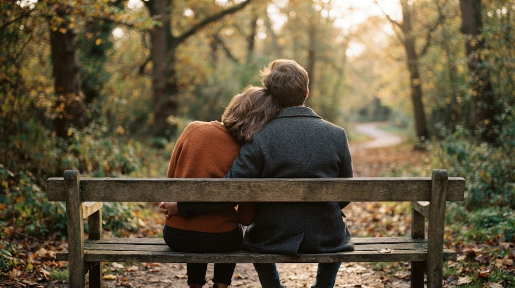 Two people sitting together quietly on a park bench.