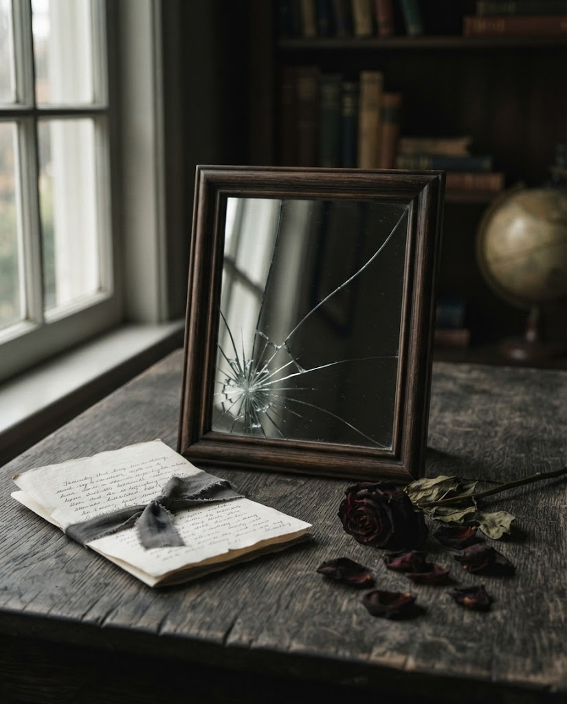 A cracked mirror and handwritten letter symbolizing broken trust.